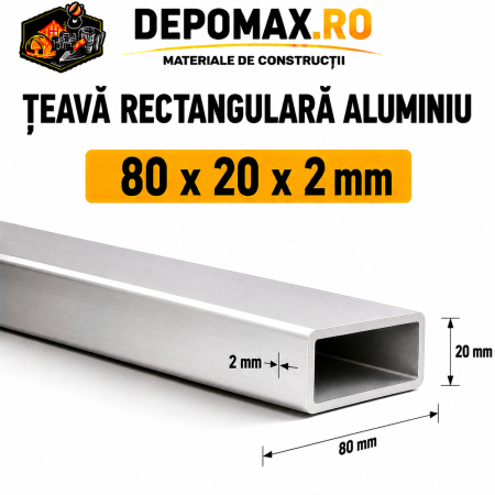 Teava rectangulara aluminiu 80 x 20 x 2 mm, 6 metri (EN AW-6060)